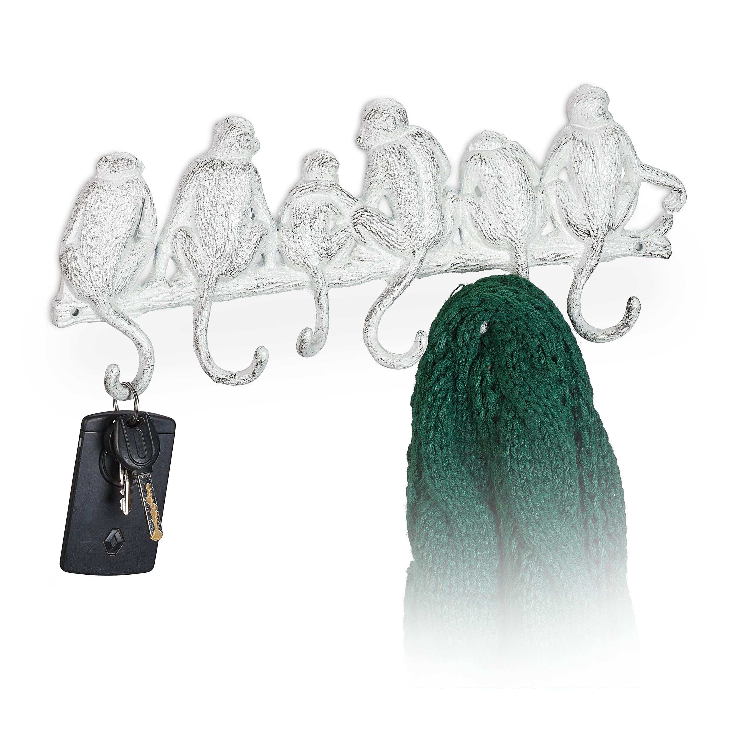Relaxdays Wall-Mounted Coat Rack, Monkey Design, Cast Iron, 6 Hooks, Antique Look, Key Hanger, 14.5 x 36.5 x 4 cm, White