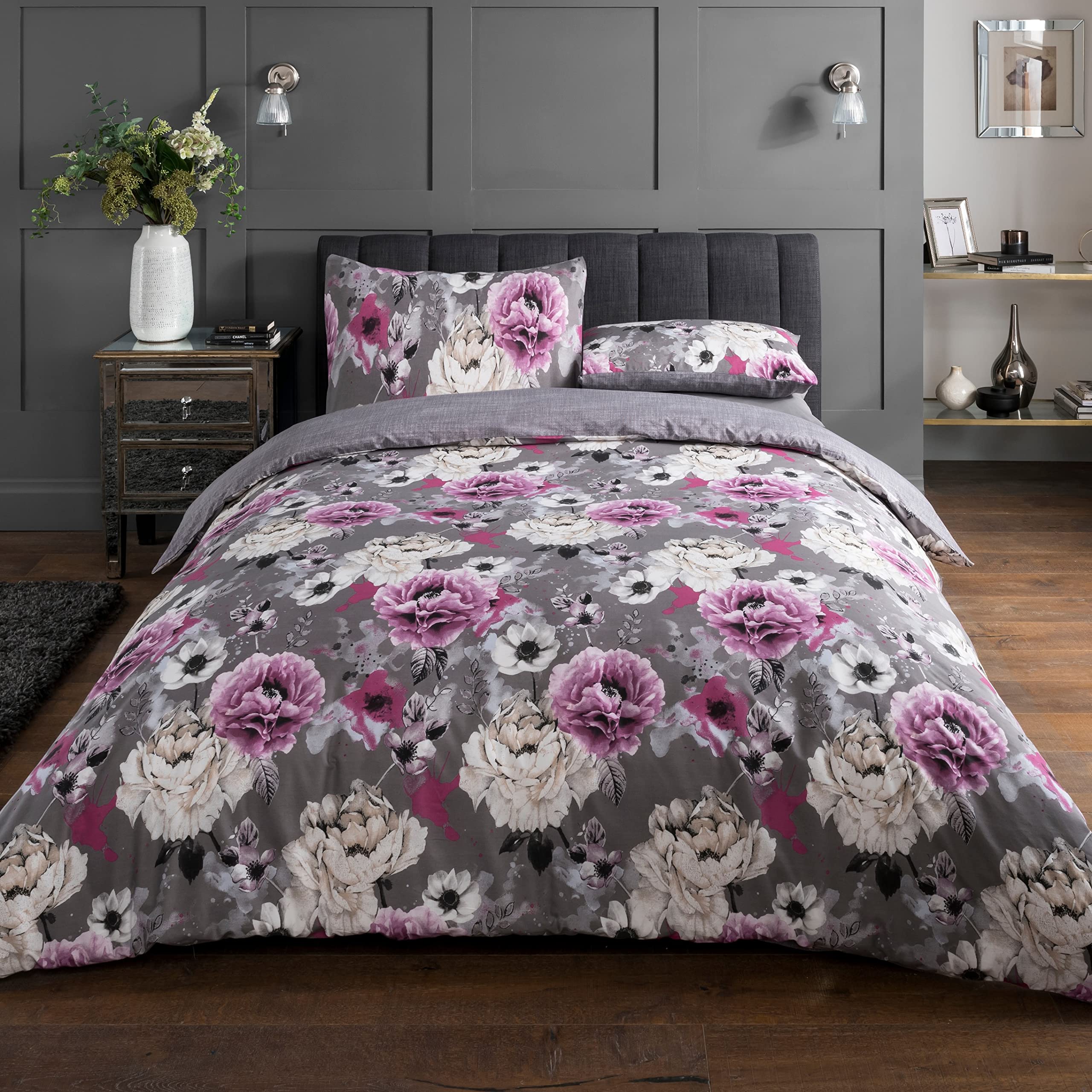 Sleepdown Inky Floral Grey Easy Care Soft Cosy Reversible Duvet Cover Quilt Bedding Set - 200 cm x 200 cm Plus 2 Pillowcases 80 cm x 80 cm