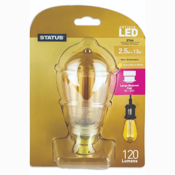 Status Bulbs Type:ST64 (Extra Warm White 1800k) 2.5w / Non-Dimmable/Cap: B22 / Golden Antique Finish / 15000 Hours/Multipack [2.5SRLST64BCB112]