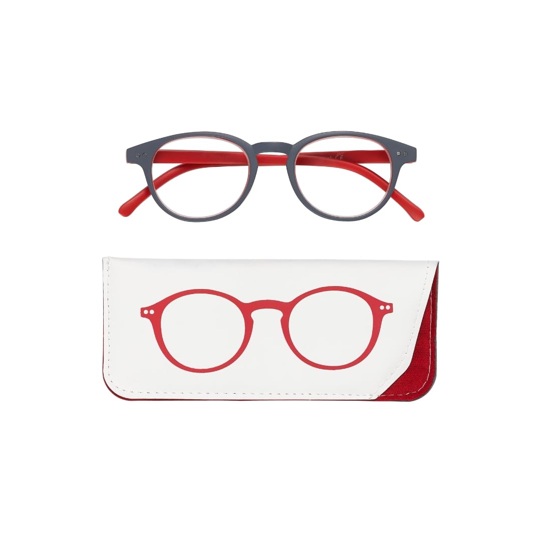 Manicare Reading Glasses For Men And Women, Comfortable Lightweight With Strong Comfort Flex Hinges, Anti-Glare Lenses, Matt Grey Rimmed Frames With Red Arms With Glasses Pouch, +1.5 Strength