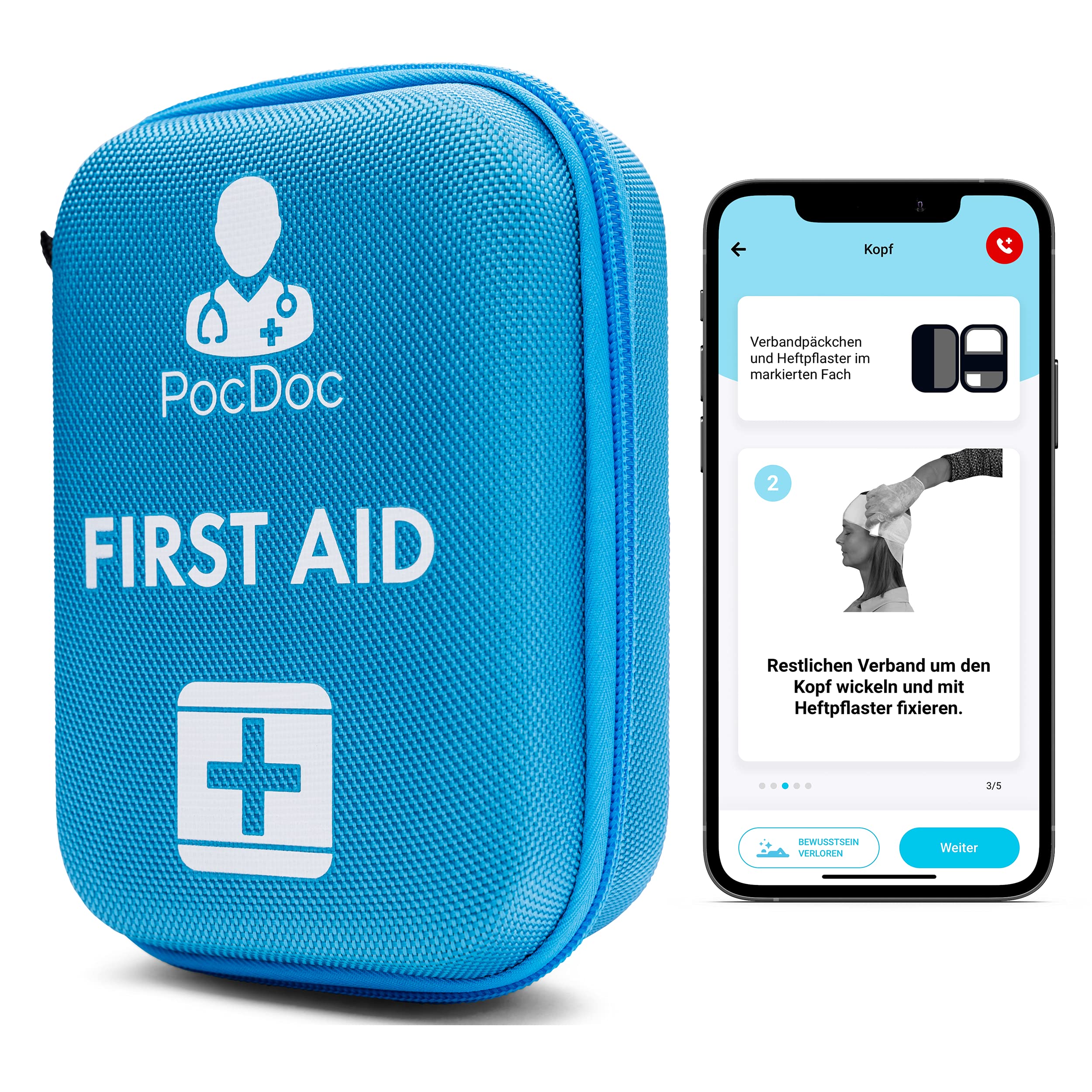 PocDoc Outdoor - Intelligent First Aid Set with free APP (iOS & Android) - Travel, Sports & Motorcycle - Filling according to DIN 13167 - Plus tweezers & wound cleaning wipes