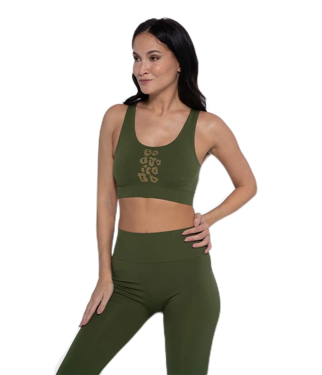 HECVS|#HEART and SOUL, Women's Top, Circle Leo-Green Bush, Sports Bra With Wide Round Neckline On Front And Spotted Band Made Of Golden Studs, womens, 0119014RL1989-XS/S, green, XS/S