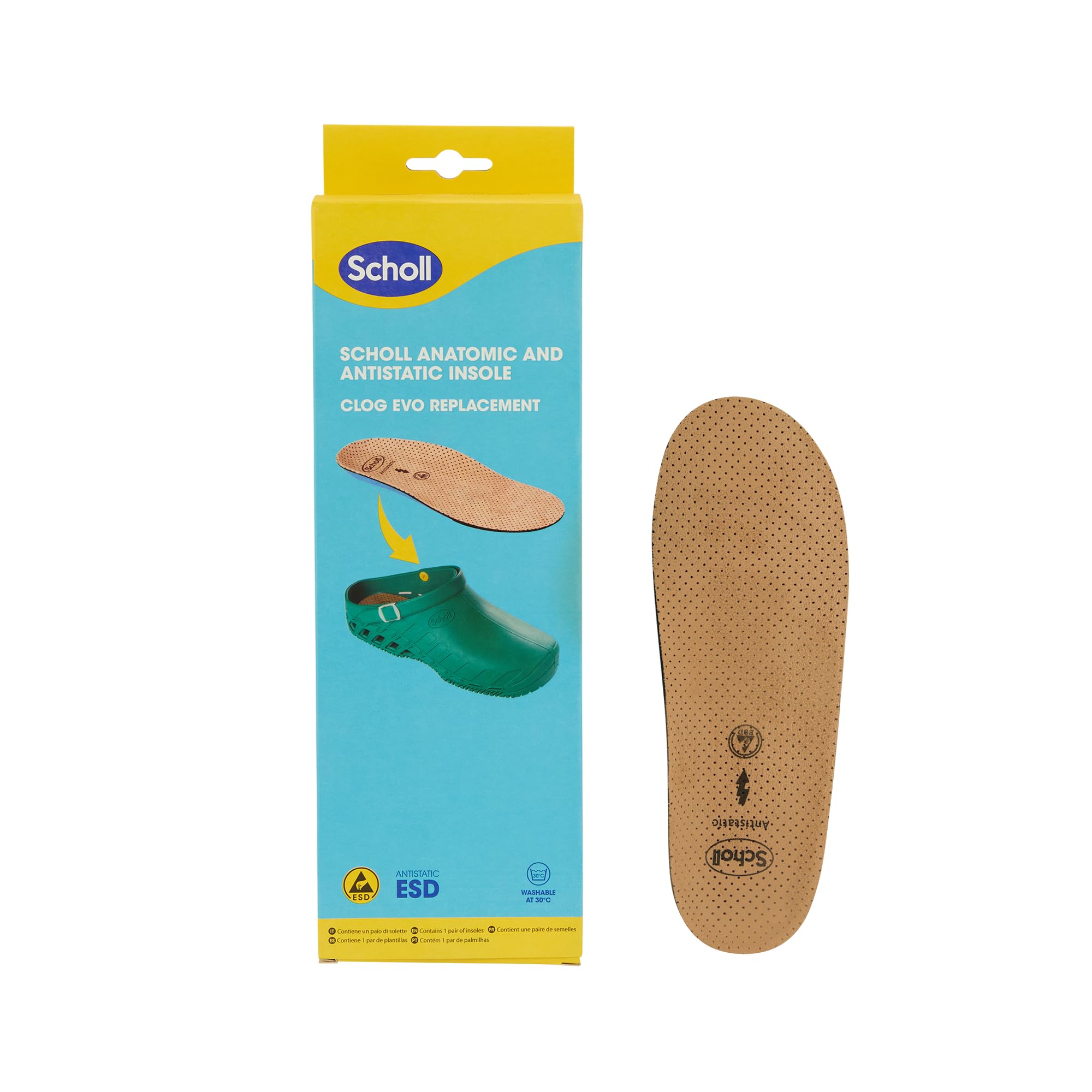 Scholl Insole Clog EVO Anatomic Antistatic Microfibre Stencil, Brown, 36