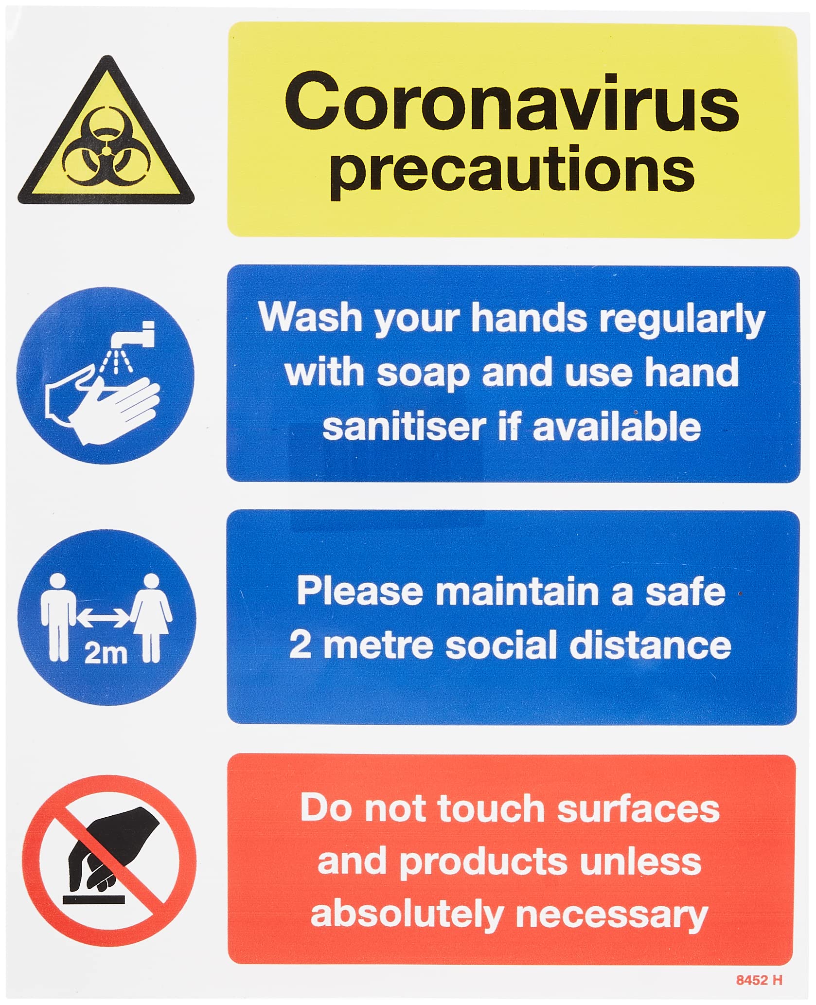 Coronavirus precautions sign - Wash hands, maintain 2 metre distance, avoid touching surfaces
