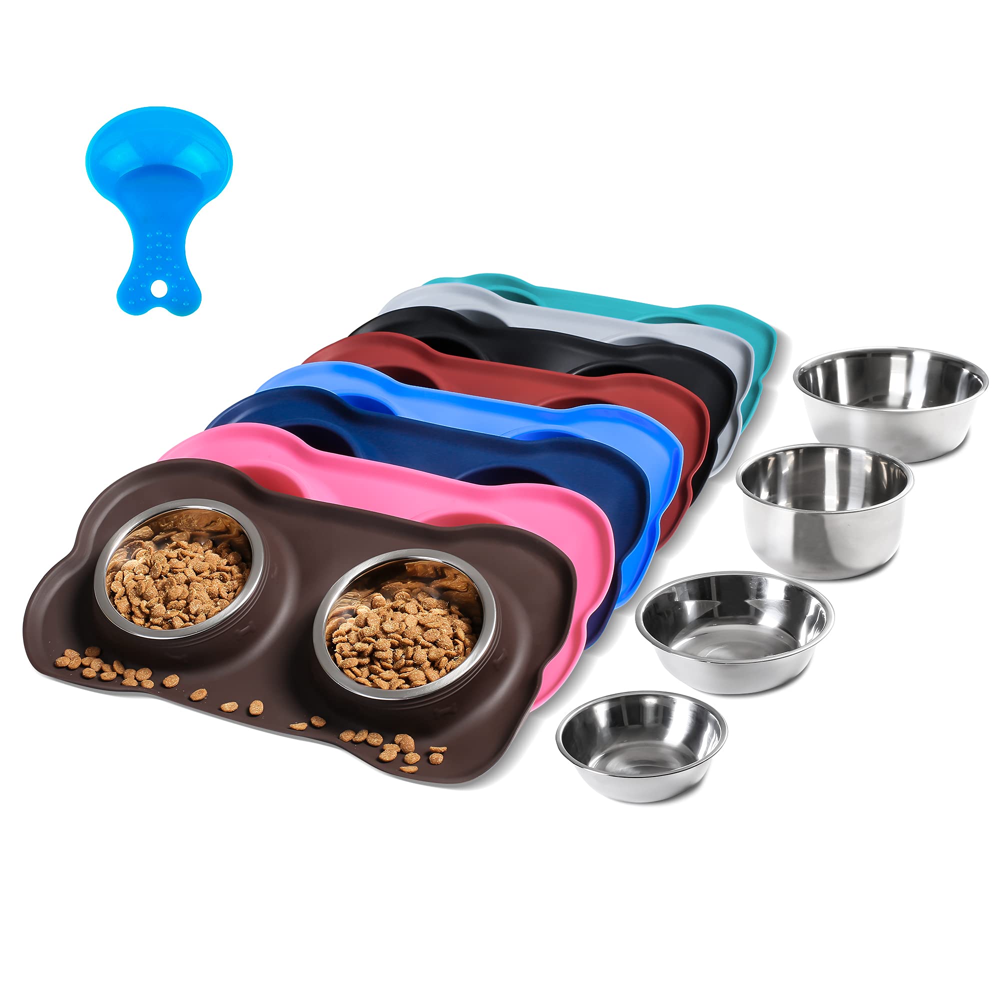 Hubulk 2 Stainless Steel Pet Dog Bowls with No Spill Non-Skid Silicone Mat + Pet Food Scoop Water and Food Feeder Bowls for Feeding Small Medium Large Dogs Cats (Chocolate, Small(Pack of 1))