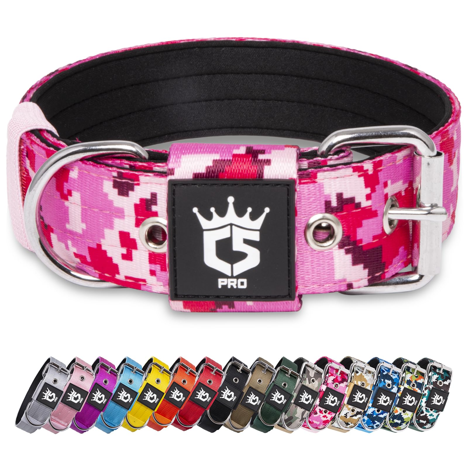 TSPRO Tactical Dog Collar 1.5 Inch Wide Thick Dog Collars with Heavy Duty Metal Buckle, Durable, Strong, Adjustable for Medium to Large Dogs (Camo Pink M)