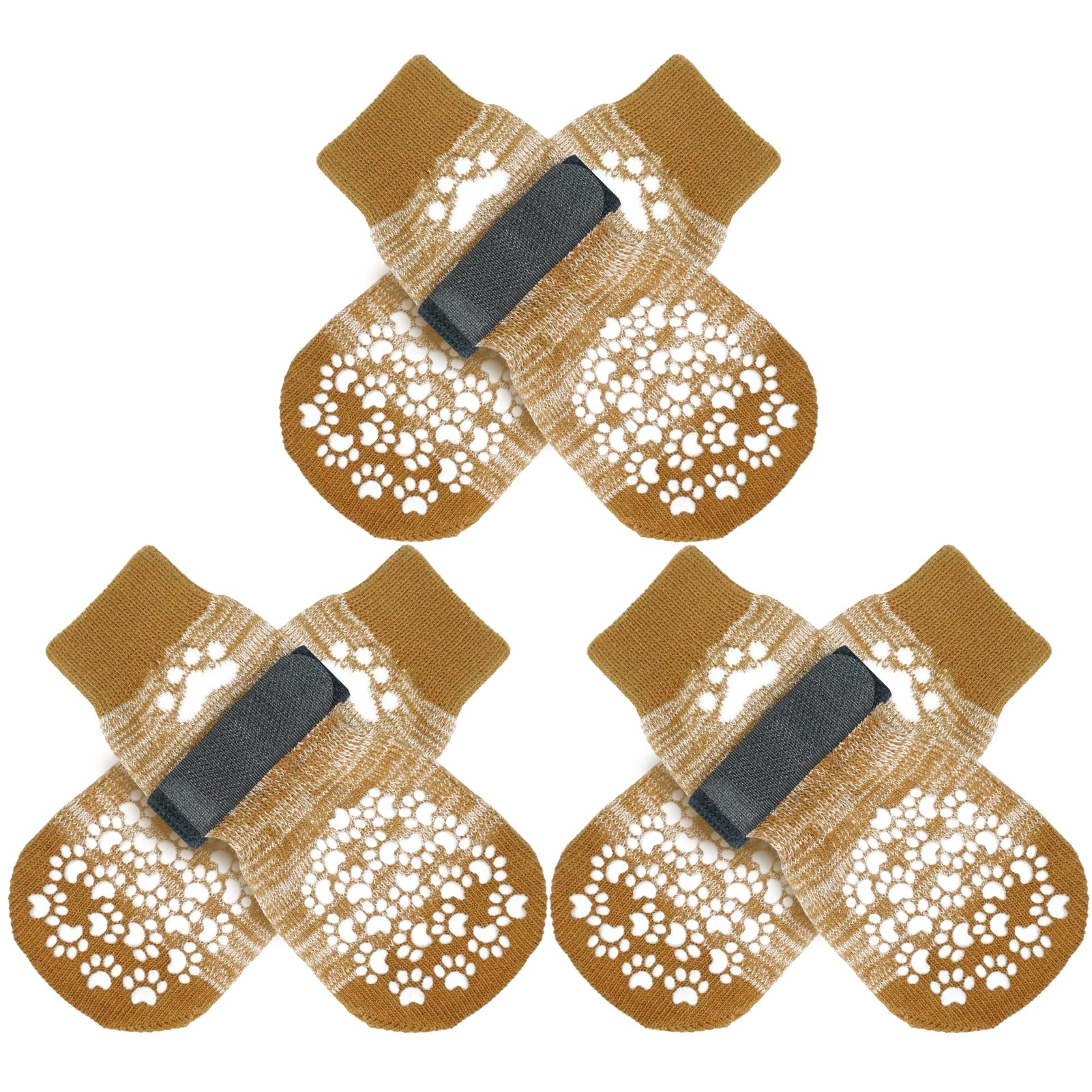 EXPAWLORER 3 Pairs Anti-slip Dog Socks Paws Stop Licking, Dog Paw Protector with Grips Double-sided Strong Traction, Adjustable Dog Boots Shoes for Senior Dogs Hard Floor Indoor Outdoor Walk, Beige S