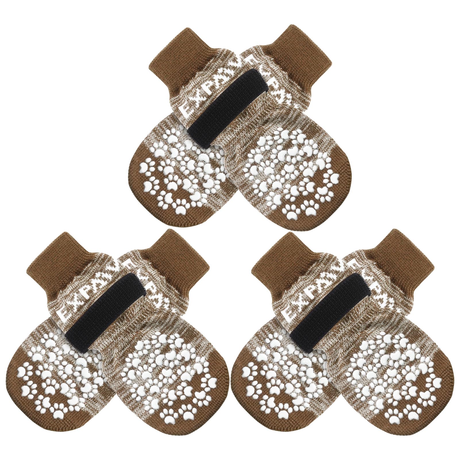 EXPAWLORER 3 Pairs Anti-slip Dog Socks Paws Stop Licking, Dog Paw Protector with Grips Double-sided Strong Traction, Adjustable Dog Boots Shoes for Senior Dogs Hard Floor Indoor Outdoor Walk, Brown M