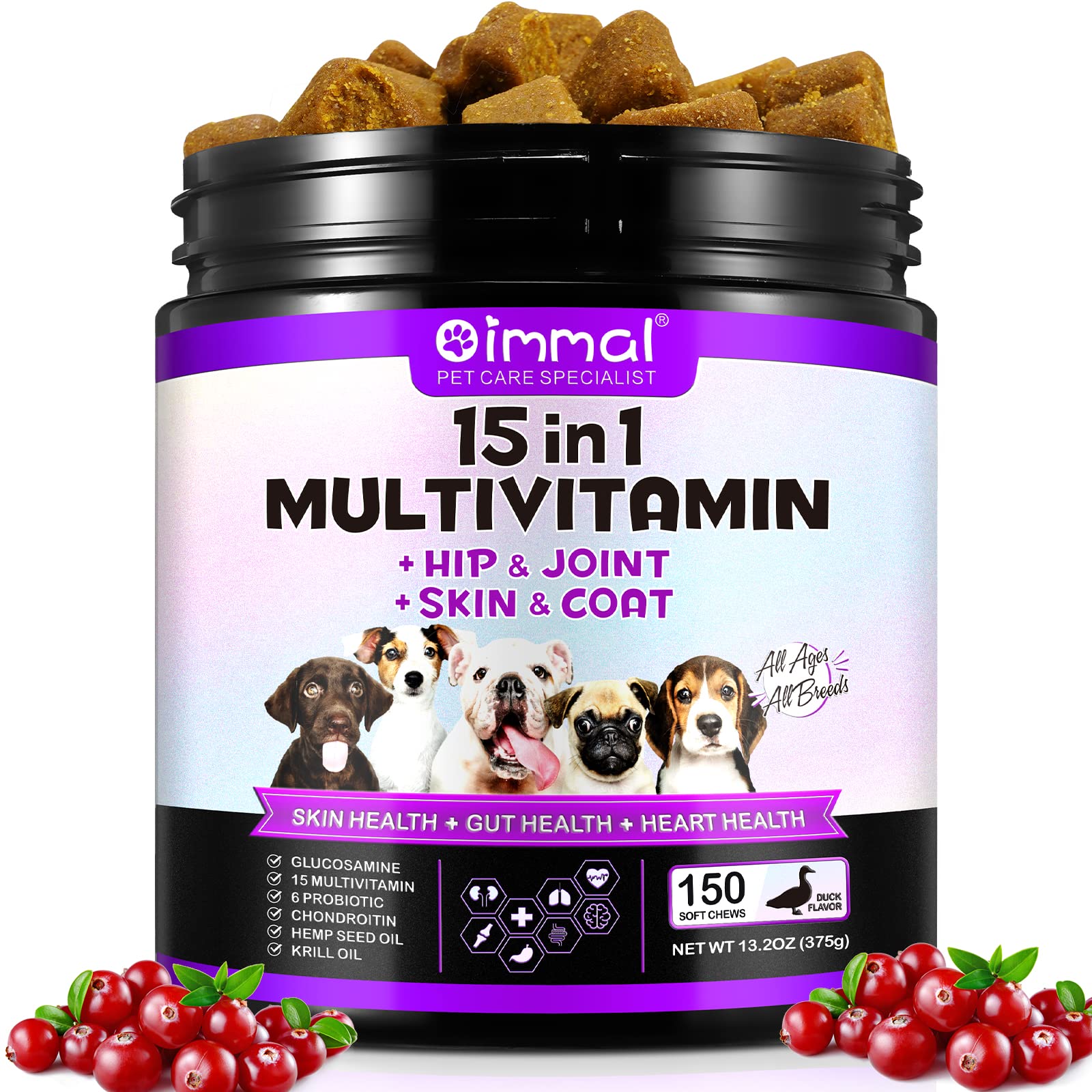 15-in-1 Multivitamin Vitamins Supplements for Dogs Hip and Joint, Skin Coat, Skin Health, Gut Health, Heart Health for Small, Medium and Large Dogs, 150 Chews with Duck Flavour
