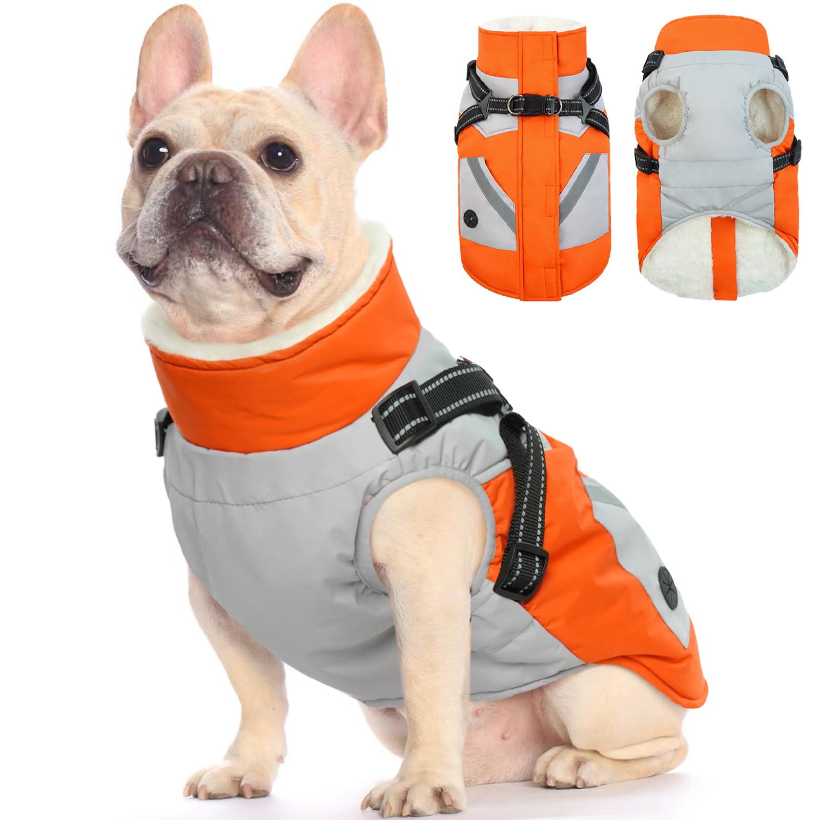 FUAMEY Dog Jackets-Dog Coat with Harness Built in-Waterproof Dog Jacket-Dog Winter Coat with Zipper On Back-Snowsuit Pet Clothes with Pockets-Reflective Dog Vest for Small Dogs Orange XS