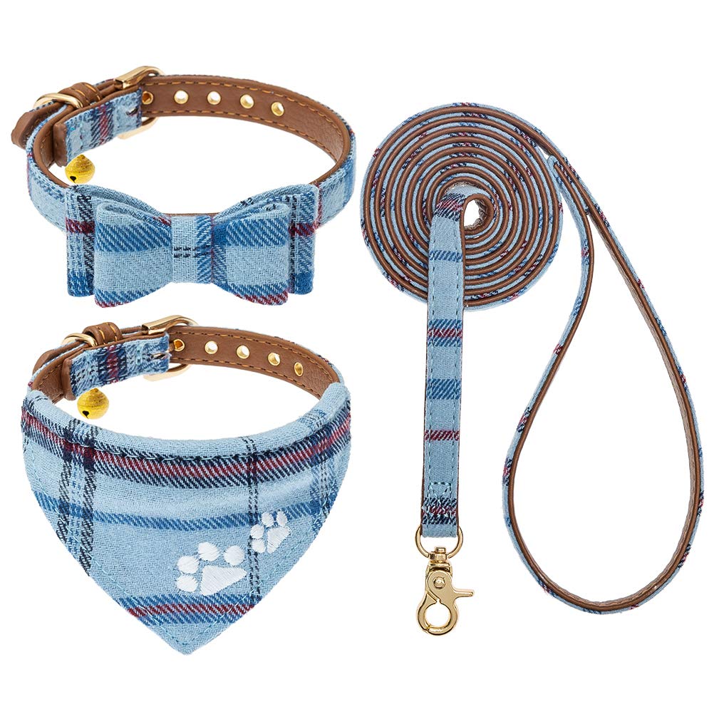 EXPAWLORER Dog Collar and Lead Set - Classic Plaid Bow Tie and Embroidery Pawprint Bandana Dog Collar with Bell, No Tangle Lead, Adjustable Pet Collars for Cats Puppy Small Medium Dogs, Blue M