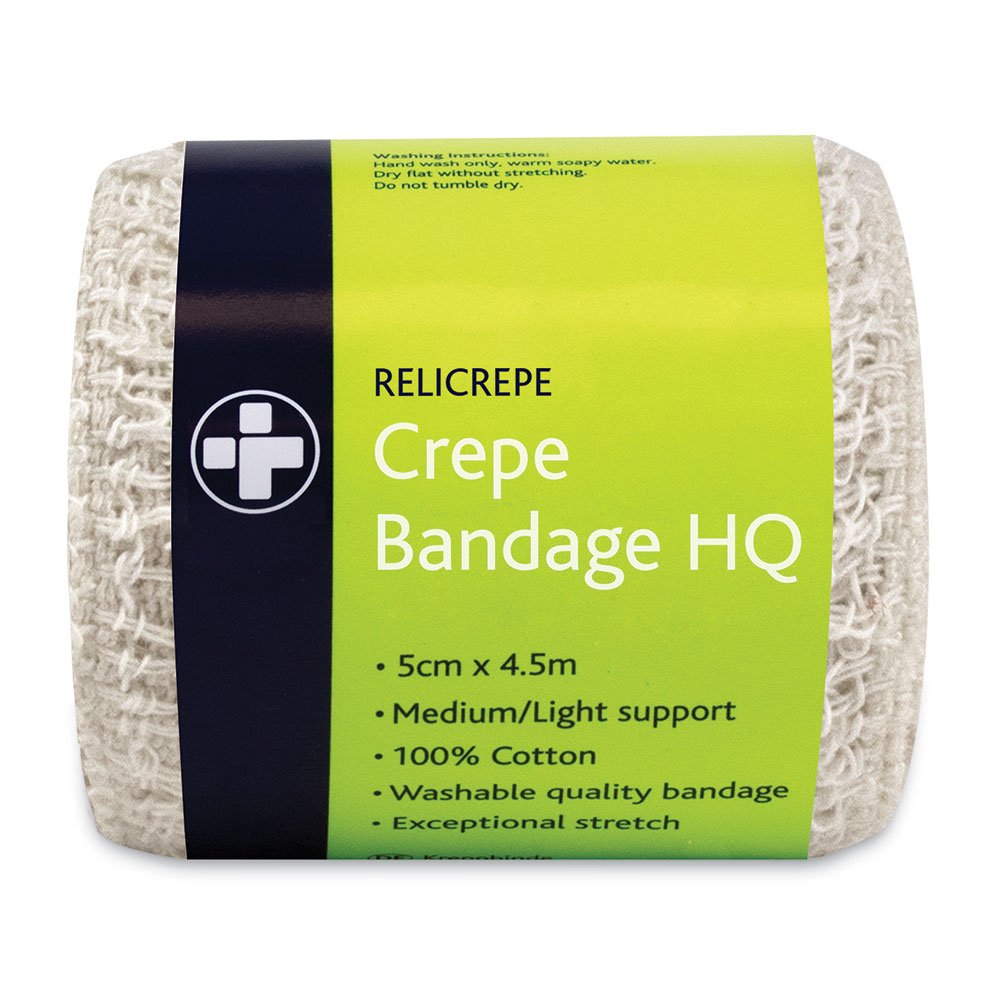Reliance Medical Relicrepe Crepe Bandage HQ - Washable and Stretchable, Suitable for Treating Sprains, Strains and Minor Aches, 100 Percent Cotton, 5cm x 4.5m,Pack of 10