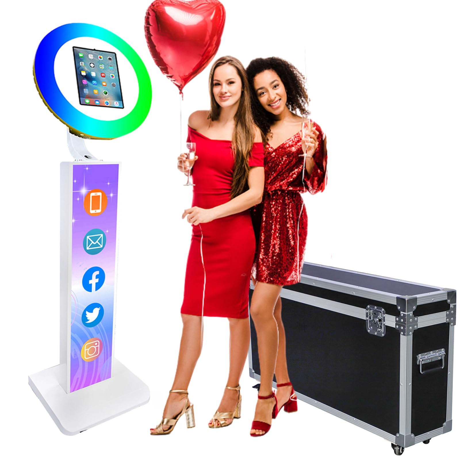 ZLPOWER Photo Booth for iPad 10.2'' 10.9" 11" 12.9" Shell Stand Selfie Station Customized Logo Photobooth Machine with Round RGB LED Light Ring and Flight Case for Events Wedding Rental