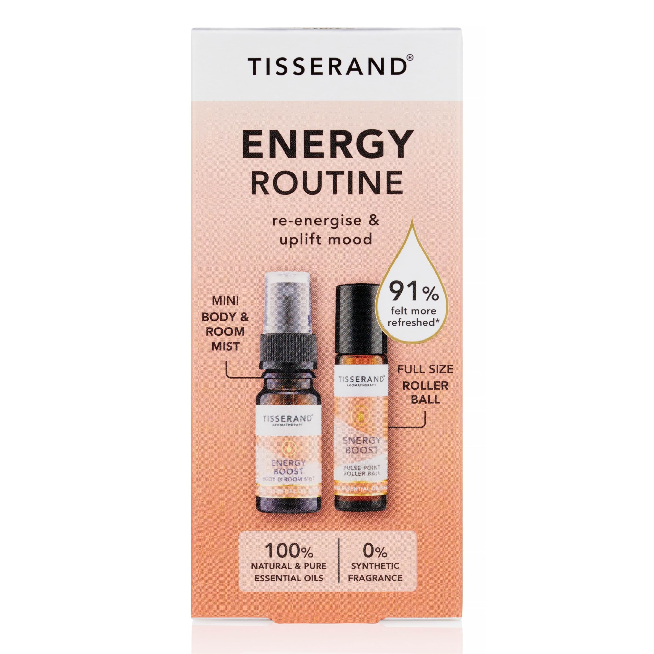 Tisserand - Energy Routine Kit - Blend of Lime, Grapefruit and Orange Essential Oil - Natural Pure Essential Oils - Energy Boost - 1 x10ml Roller Ball and 1 x9ml Boost Mist