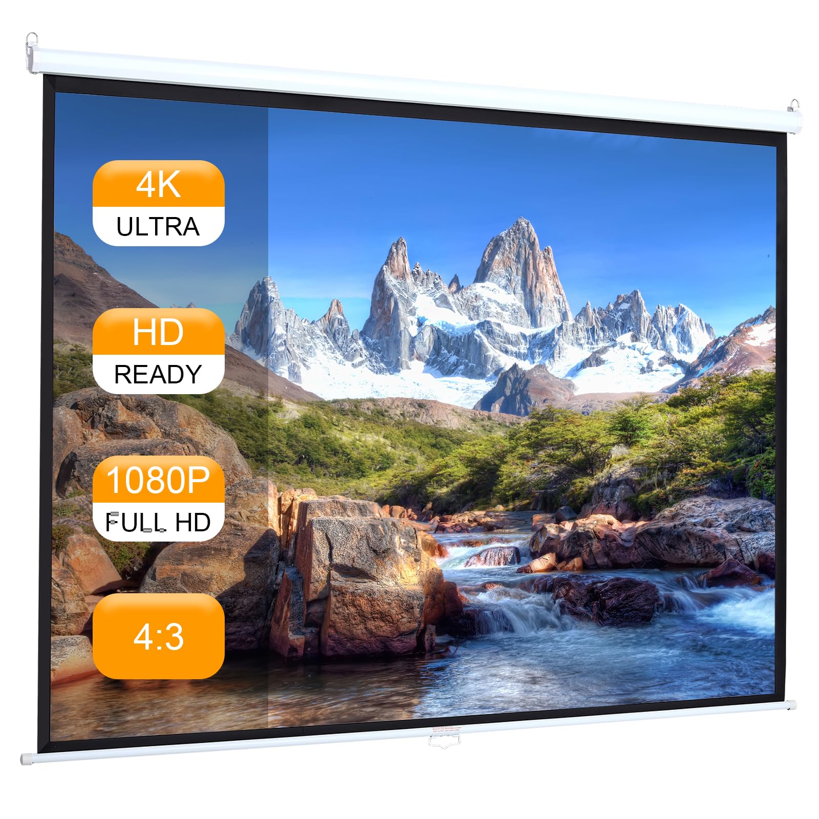 DKIEI Pull Down Projector Screen 92in, Projection Screen for 4K 3D 1080P HD, Wall & Ceiling Mount Manual Projector Screen with 4:3 Ratio Matte White Screen for Indoor Outdoor Public Display, 181x136cm