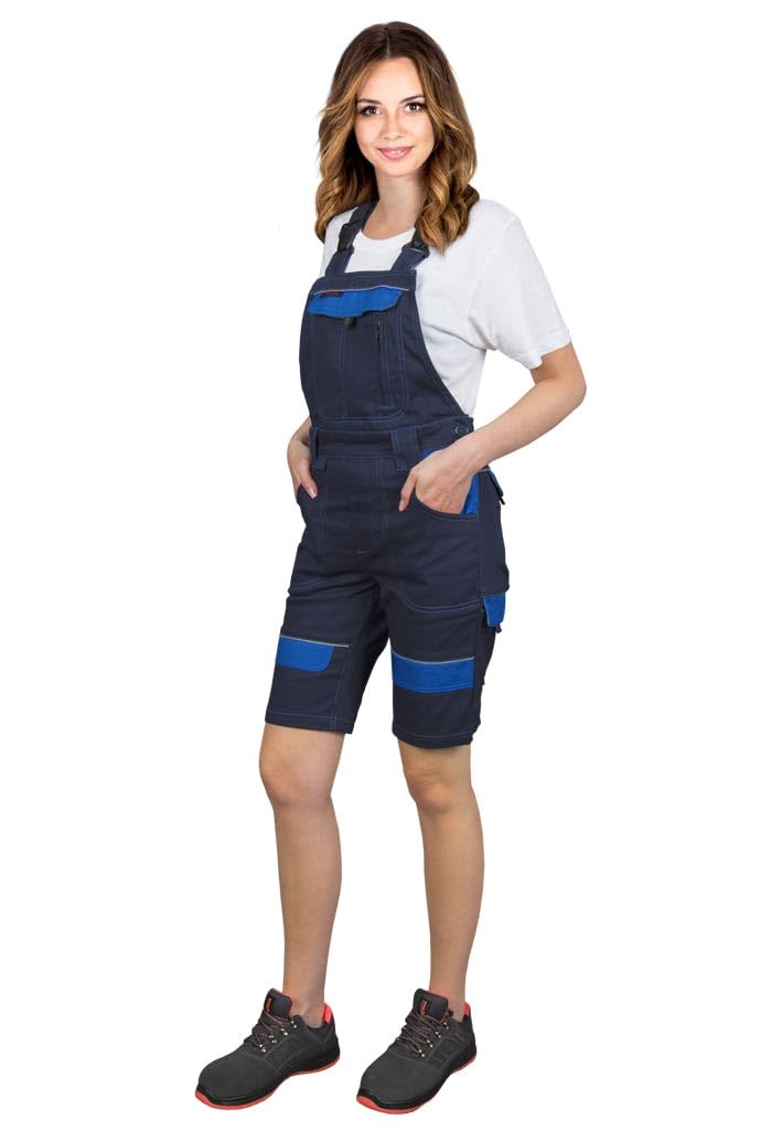 Women's CORTON Short-Leg Protective Dungarees - 100% Cotton, 260g/m², Multi-Pocket, Adjustable, Reflective, Color: navy blue - blue, Size 46