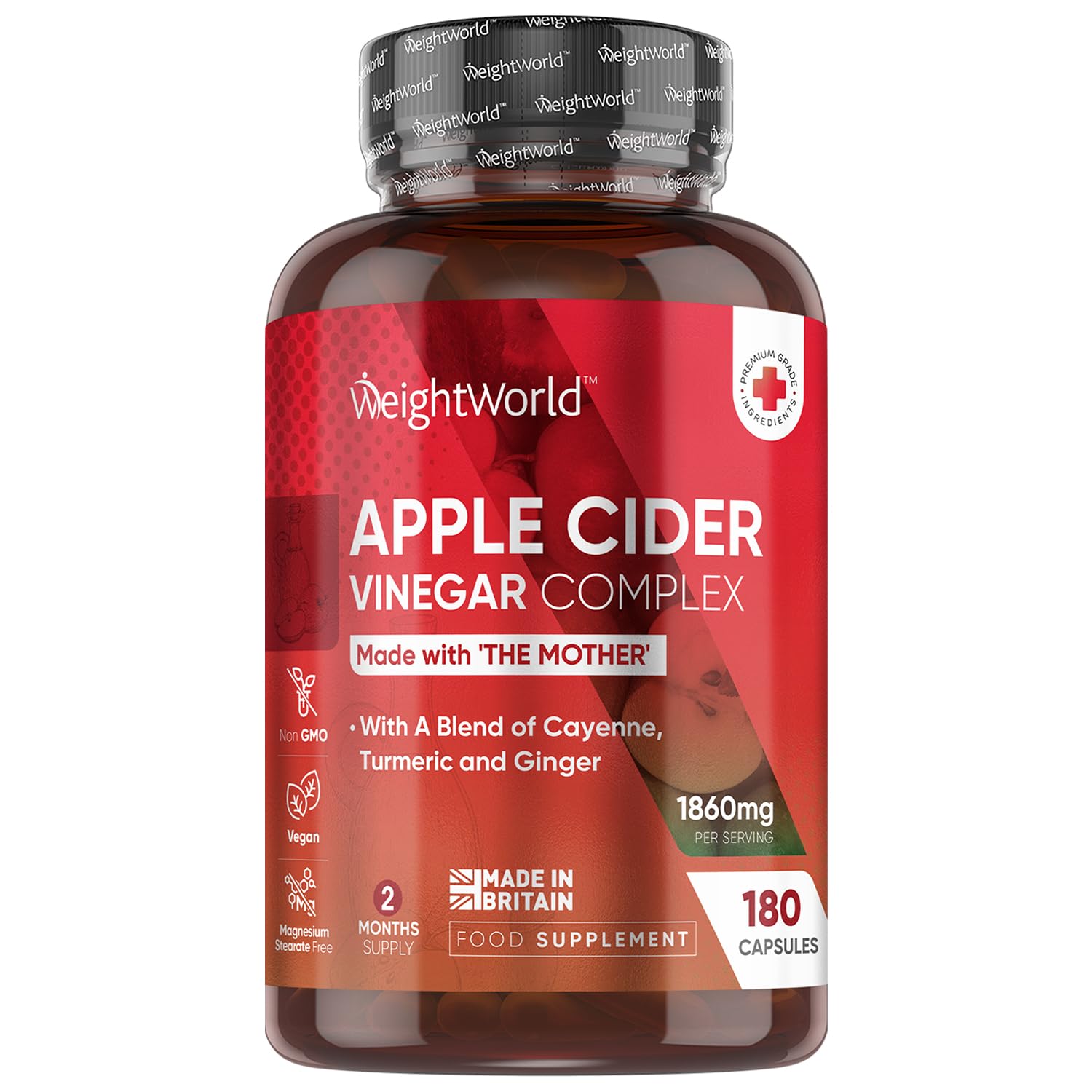 Apple Cider Vinegar Capsules 1860mg - 2 Months Supply - 180 Capsules - Apple Cider Vinegar with Mother - with a Blend of Cayenne Pepper, Turmeric & Ginger Root - Non-GMO & Vegan-Friendly