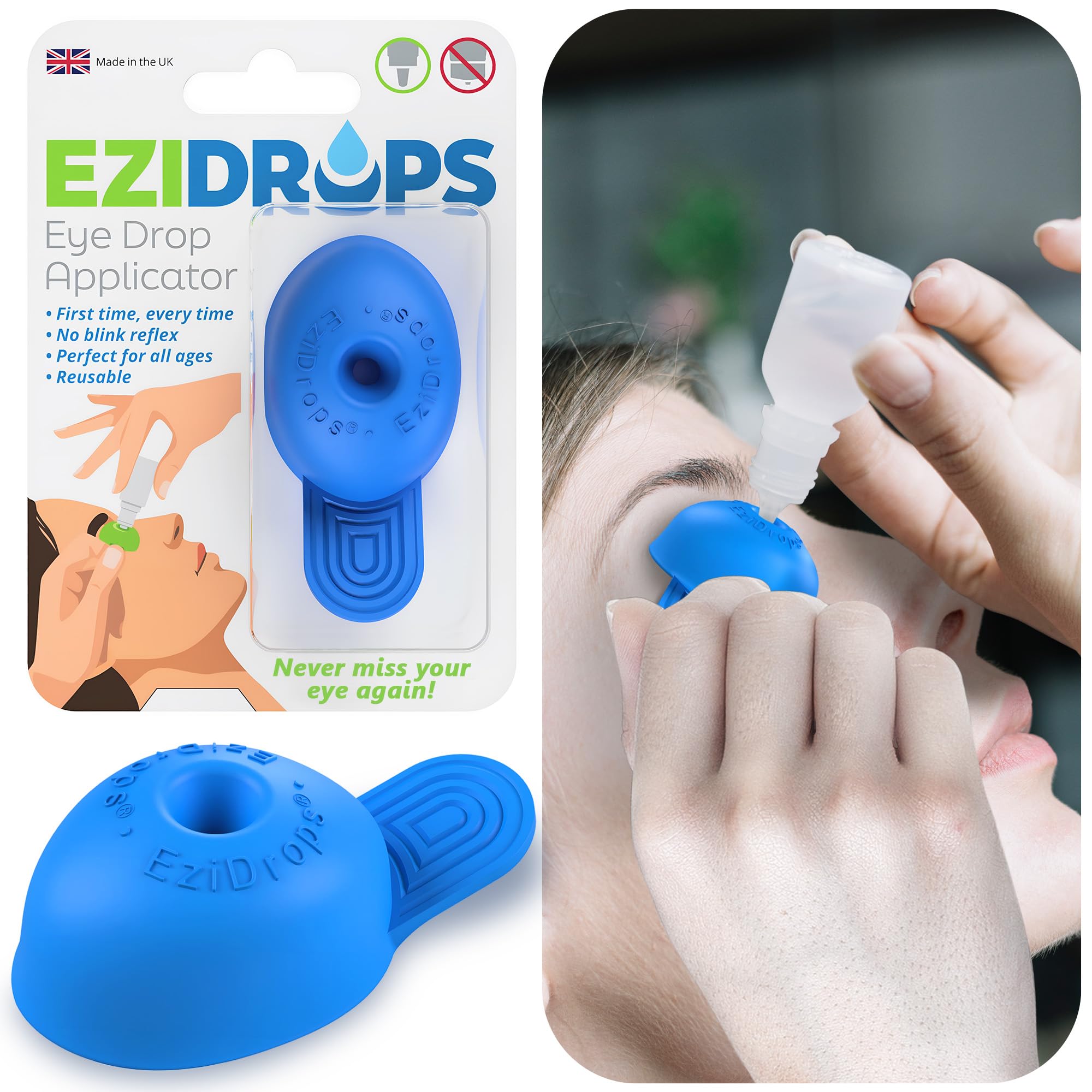 EziDrops Eye Drop Dispenser for Elderly – Suitable for All Ages – Easy-to-Use Eye Dropper Dispenser for Nozzle Head Bottles – Stops Blink Reflex – Reusable, Precise & Comfortable (Blue)