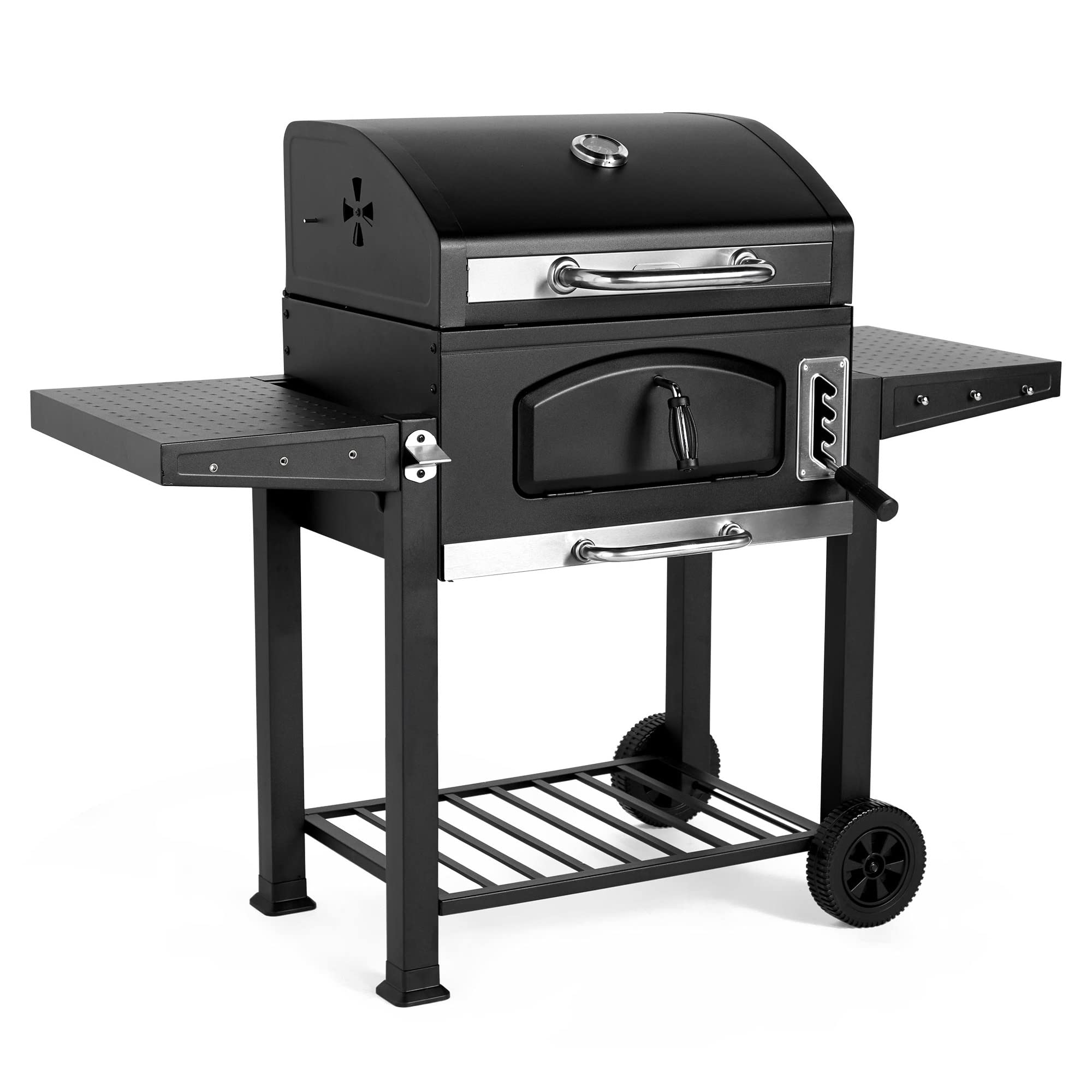 VonHaus Charcoal BBQ – XL Portable Barbecue with Warming Rack, Fold Down Shelves, Temperature Gauge, Wheels, Cooking Grill, Air Vents – 2 in 1 Barbeque and Smoker – Grill Meat, Fish & Vegetables