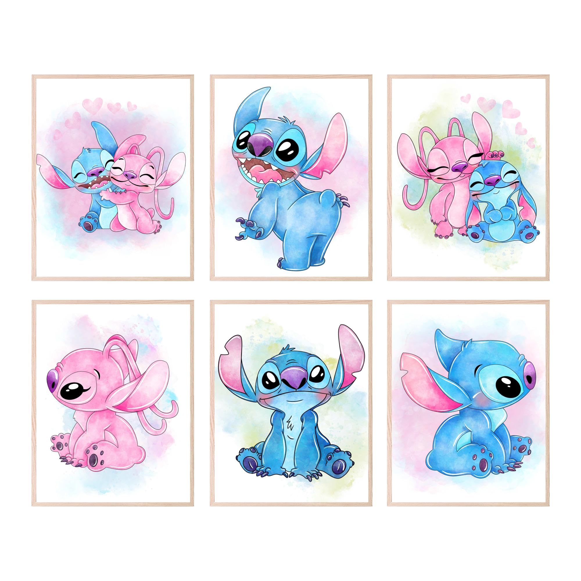 BigWig Prints Lilo and Stitch Poster - Nursery Watercolor Art Prints, Stitch Room Decor For Girls, Pastel Nursery Artwork Set, Kids Wall Art, Posters For Girls Room - Unframed Set of 6 (8x10)
