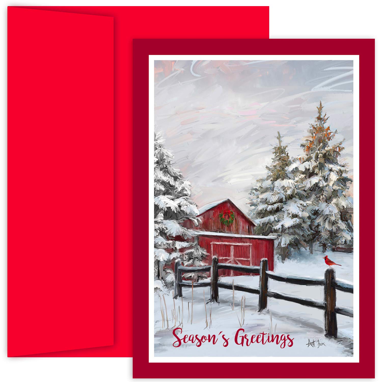 Masterpiece Studios Holiday Collection 18-Count Boxed Christmas Cards with Envelopes, 7.8" x 5.6", Winter Barn (914200)