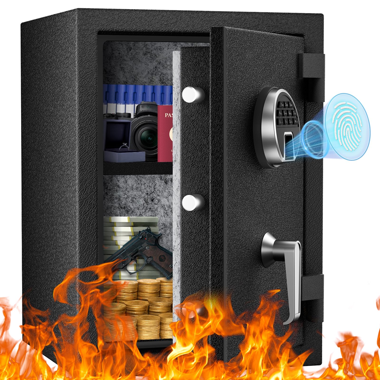 WASJOYE Fireproof Safe Box, Fingerprint Safe, Biometric Home Safe with Digital Backlit Keypad and Removable Shelf, Heavy Duty Money Safe with Dual Alarm System for Home Hotel Office, 40L