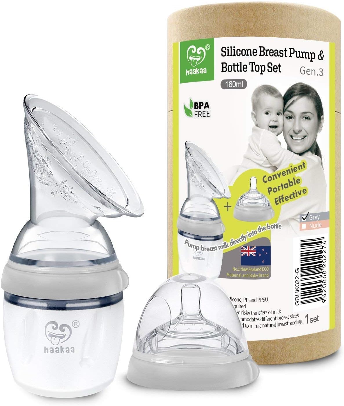Haakaa Generation 3 Silicone Breast Pump and Baby Bottle Top, 160 ml Capacity, Grey