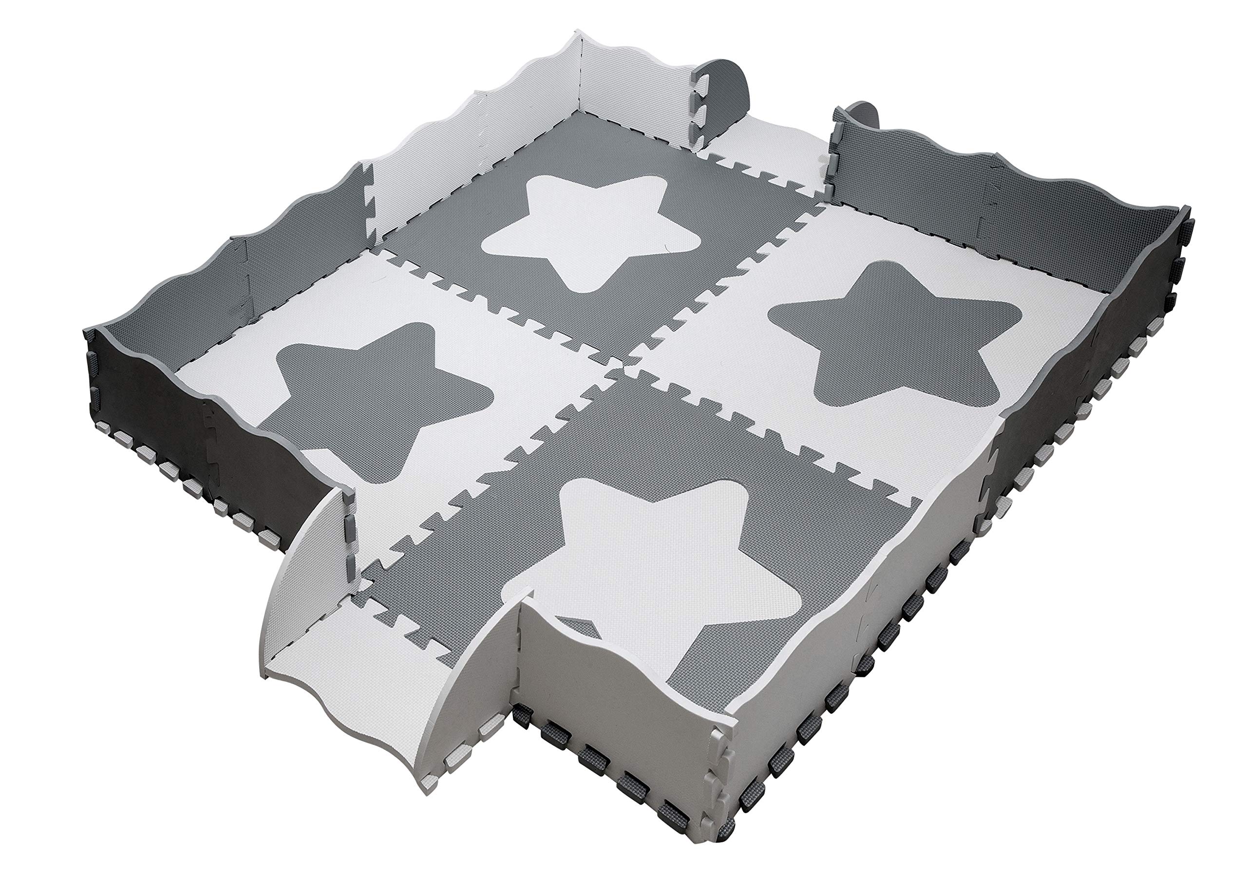 Edukit Foam Play Mat Large Stars with Borders; 24 Pieces; Extra Large Tile 61.5cm x 61.5cm; 1.2cm – Grey and White Interlocking Floor Tiles