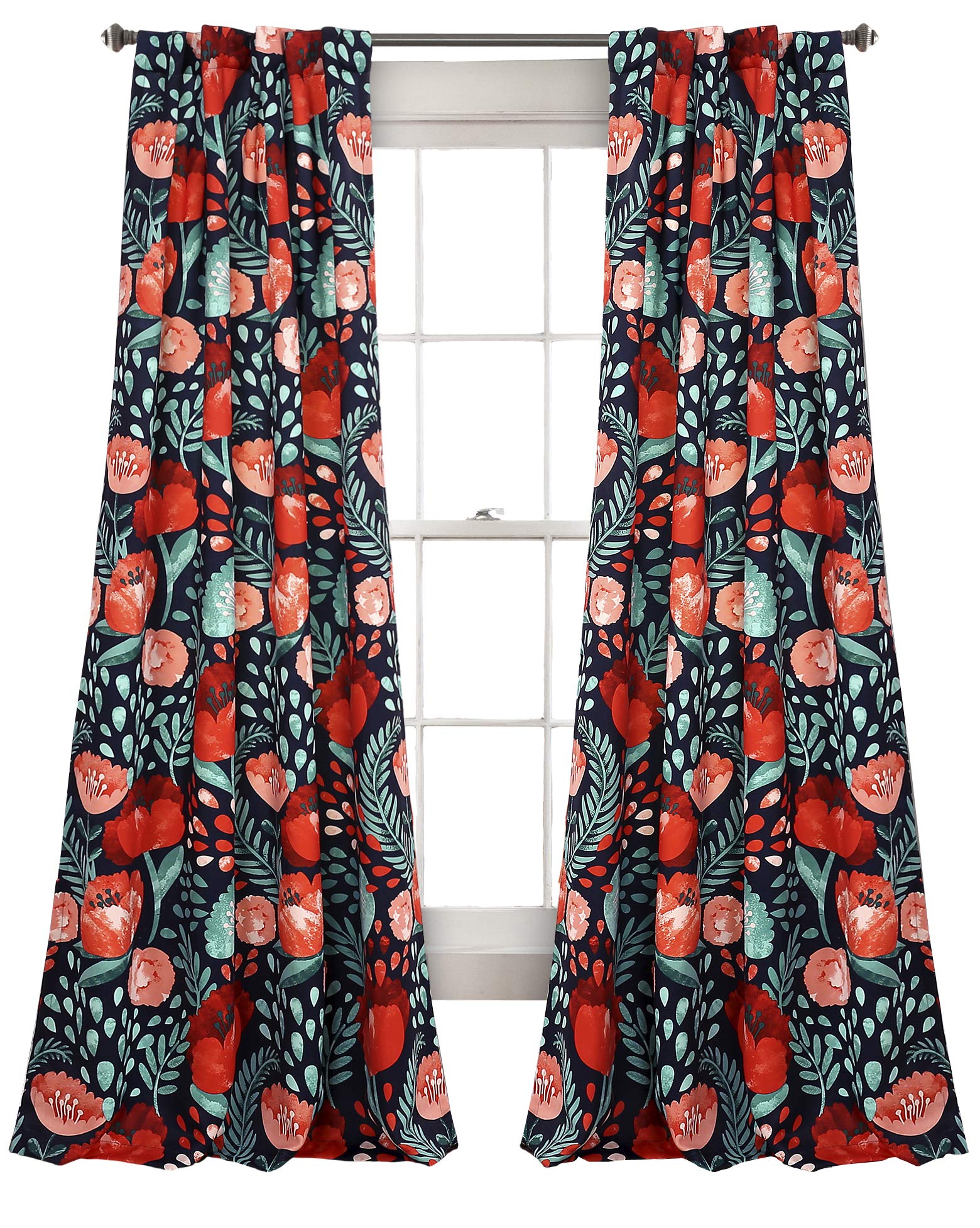 Lush Decor Poppy Garden Curtains Room Darkening Window Set for Living, Dining, Bedroom, 84 in L Panel Pair, Navy