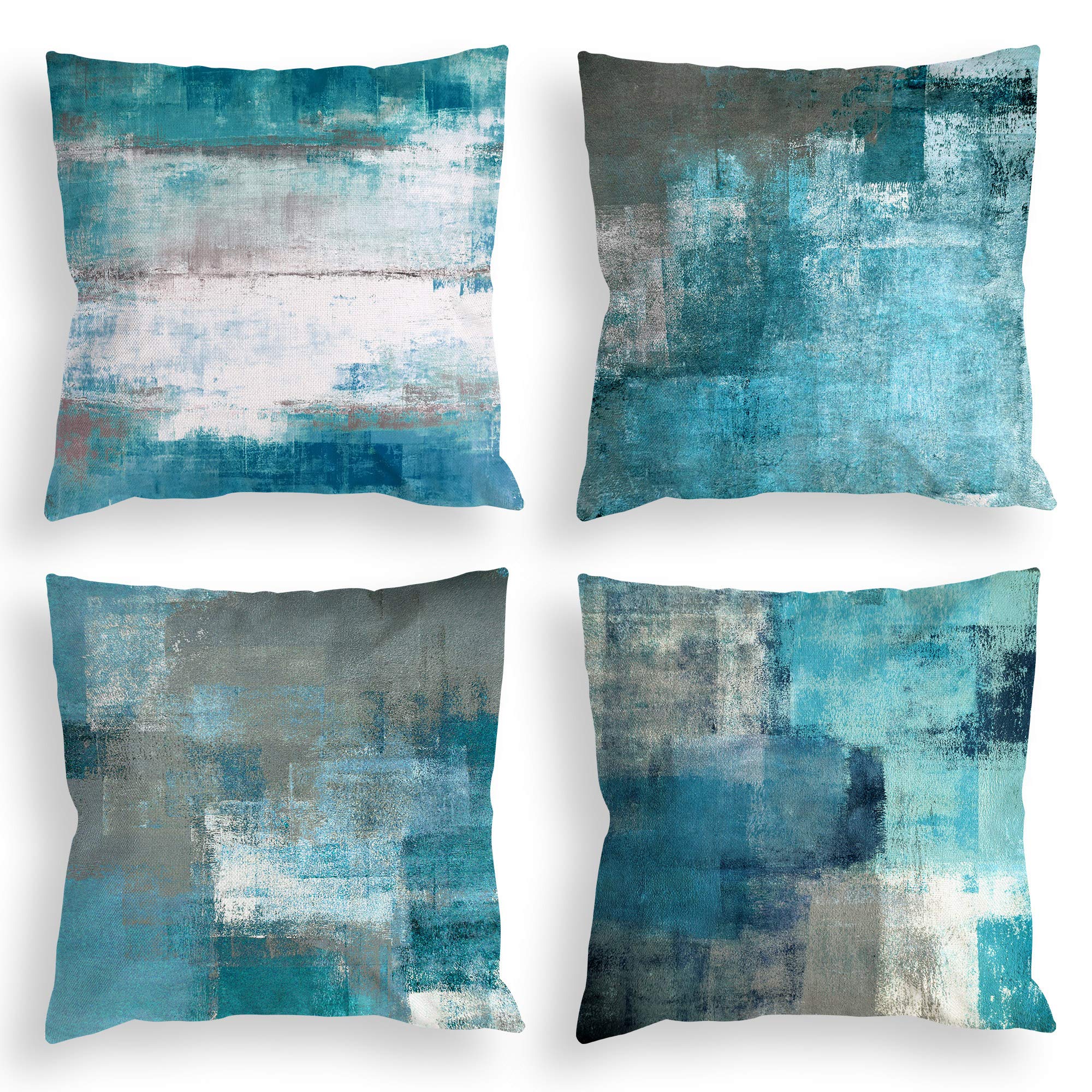 COLORPAPA Teal Throw Pillow Covers 18x18 Set of 4 Decorative Cushion Cover Turquoise Grey Abstract Art Painting Pillowcase for Sofa Bedroom Living Room Décor