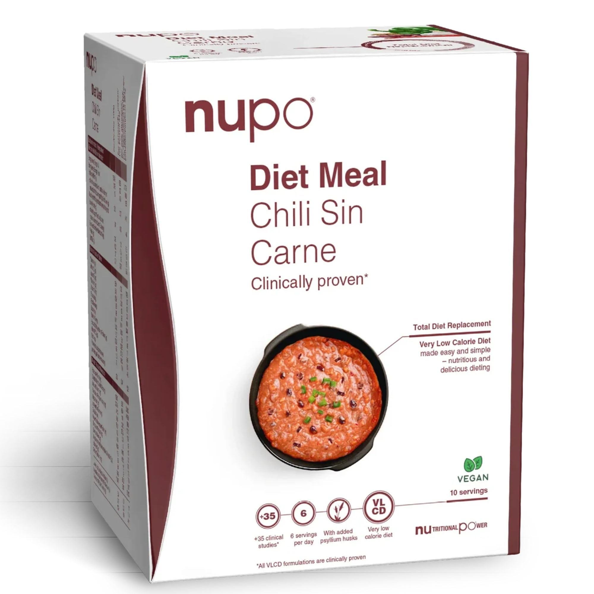 NUPO Diet Meal Replacement for Weight Loss (Chili Sin Carne, 10 Servings) | Very Low Calorie Ready Meal for Weight Management | Gluten Free Vegan Ready Meals | GMO Free Just Add Water Meals