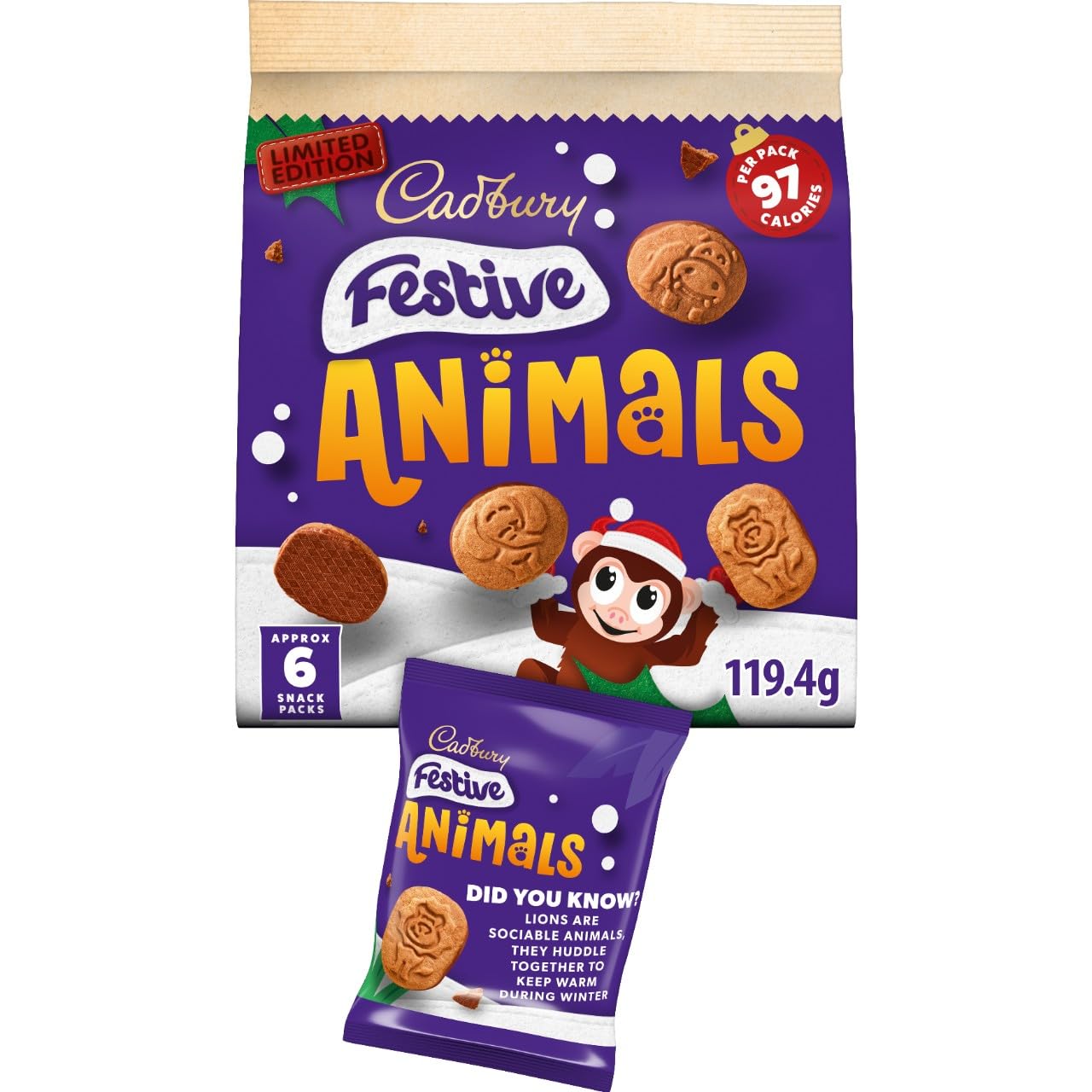 Cadbury Festive Animal Shaped Biscuits With a Chocolate Base, Limited Edition, Multipack of 6 x 19.9 g (Pack of 1)