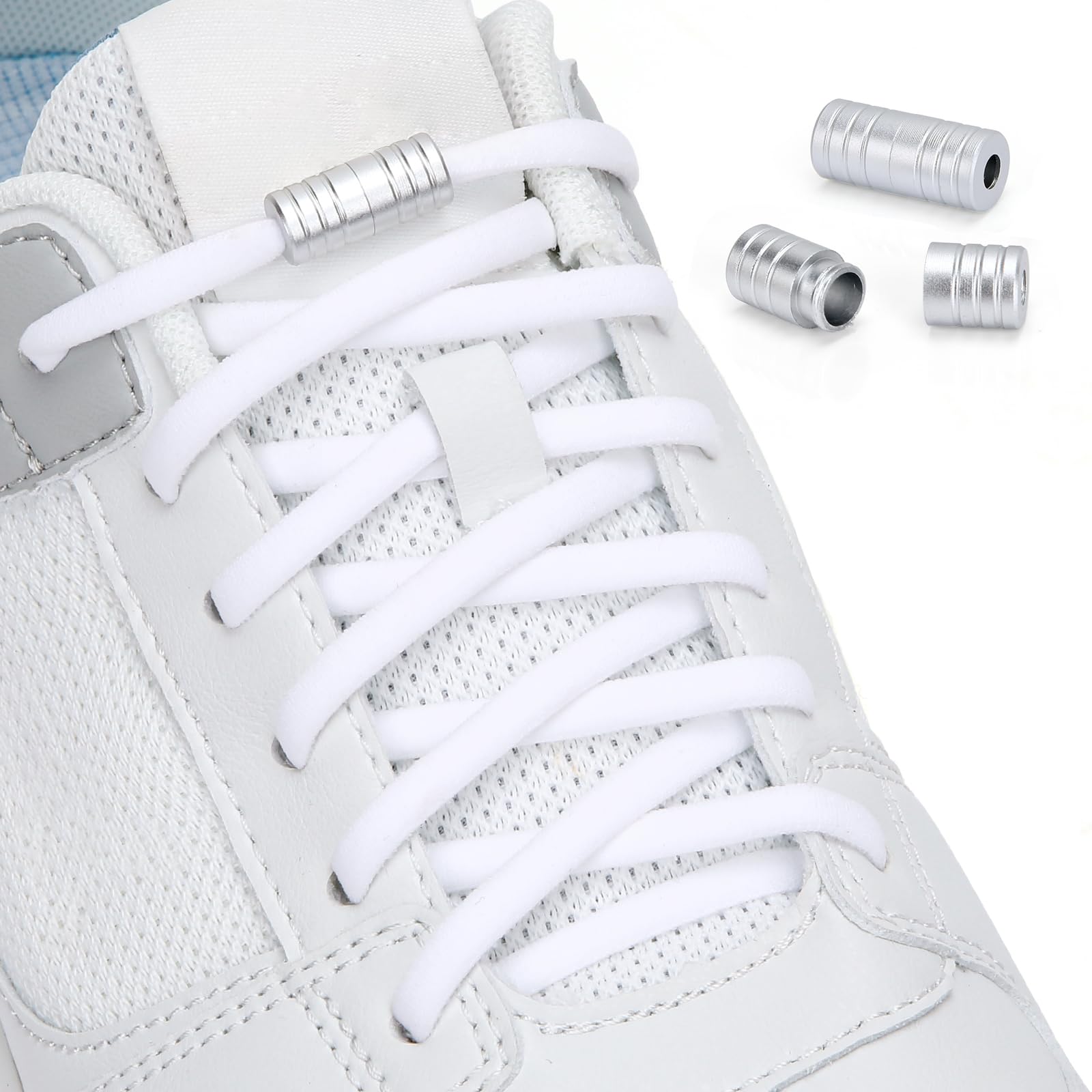 Euqvunn No Tie Elastic Shoelaces with Metal Buckes, 5 Laces (2.5 Pairs), 8mm Diameter Tieless Elastic Shoe Laces for Running Shoes, Sports Shoes, Lazy Shoe Laces for Adults and Kids (White)